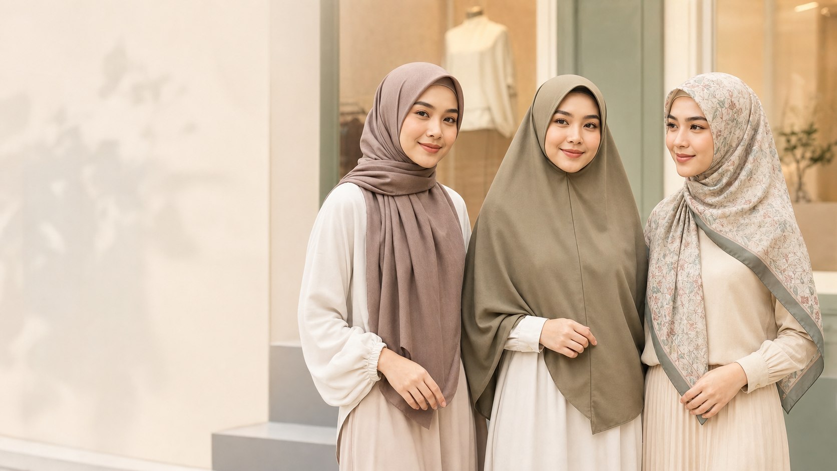 Tiga model mengenakan koleksi hijab premium Surya18