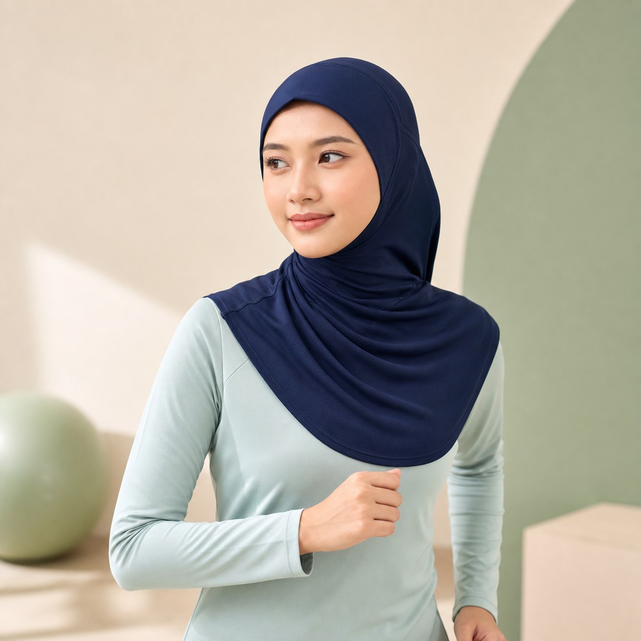 Hijab instan sporty warna navy praktis tanpa jarum pentul