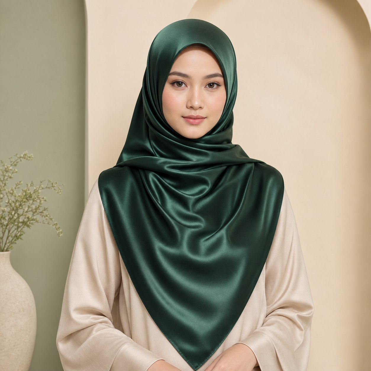 Pashmina silk satin warna emerald berkilau elegan