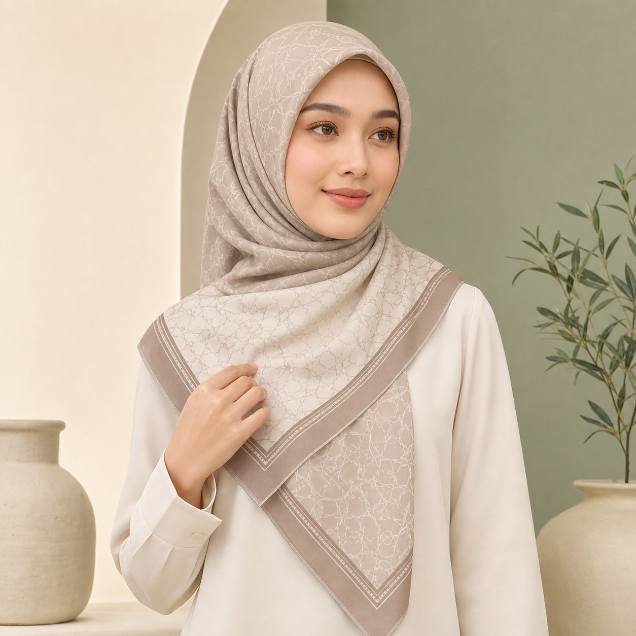 Hijab segi empat voal premium motif taupe dan cream